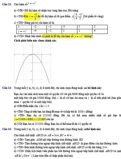 Cho hàm số y--x^2
a) ∠ NB> *  Đồ thị hàm số nhận trục tung làm trục đôi xứng
b) Khi x= (-3)/2  thỉ đồ thị hàm số đi qua điểm A( 9/4 ; (-3)/2 ) (bỏ phần tô vàng)
c) Bảng giả tri của hàm số là:
d) Hình bên dưới có phải là đồ thị của hàm số y=-x^2 không?
Cách phát biểu này chưa chính xác.
Cầu 14: Trong mỗi ý a), b), c), d) ở dưới đây, thí sinh chọn đúng hoặc sai bỏ lệnh này
Ban An vào nhà sách mua một số quyên vở với giá 8000 động một quyên vở và
một hộp bút với giả 55000 đồng. Gọi x là số vở bạn An mua và y là số tiên phải trả (bao gồn
mua x quyên vở và một hộp bút).
a) Điều kiên của x là x≥ 0
b) Tổng số tiên bạn An dùng đề mua vỏ và hộp bút là: 8000x (đồng)
c) Bạn An có 131000 đồng. Đê An có thể mua nhiều nhất số gói kẹo th
y-55000+8000x≤ 131000 sửa lại
d) (VD) Bạn An có 131000 đồng. Bạn An có thể mua tối đa 10 quyển vở.
Câu 15: Trong môi ý a), b), c), d) ở dưới đây, thí sinh chọn đúng hoặc saibỏ lệnh này
Cho hình chữ nhật ABCD có AB=3cm,BC=4cm.
a) Tam giác .4DB nội tiếp đường tròn đường kính BD
b) Tâm đường tròn ngoai tiếp hình chữ nhất .4BCD là giao điểm của hai đường chéo.
c) Bản kính đường tròn ngoại tiếp hình chữ nhất .4BCD có đỏ dài băng 2cm
d) Diện tích hình viên phân tạo bởi đường tròn ngoại tiếp hình chữ nhật .4BCD và cạn
.4B là 1,03cm^2.( Làm tròn đến số thập phân thứ hai).