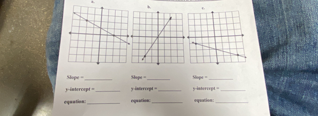 Slope =_ Slope =_ Slope =_ 
y-intercept = _y-intercept =_ y-intercept =_ 
equation: _equation: _equation:_