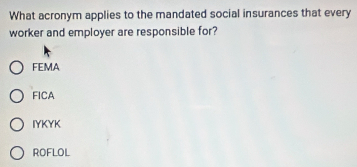 What acronym applies to the mandated social insurances that every
worker and employer are responsible for?
FEMA
FICA
IYKYK
ROFLOL