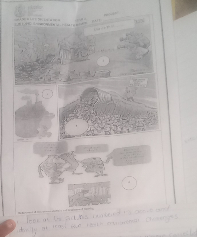 a 
PROUECt 
GRADE 8 LIFE ORIENTATION = RM 7
DATE 
_ 
SUBTOPIC: ENVIRONMENTAL HEALTH ISSUES 
Our earth in _2,0/35 
1 
1 
Department of Environmental Affairs and Development Planning