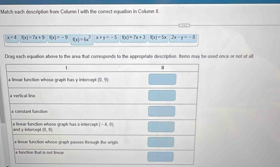 Match each description from Column I with the correct equation in Column II.
x=4 f(x)=7x+9 f(x)=-9 f(x)=6x^2 x+y=-5 f(x)=7x+3 f(x)=5x 2x-y=-8
Drag each equation above to the area that corresponds to the appropriate description. Items may be used once or not at all.