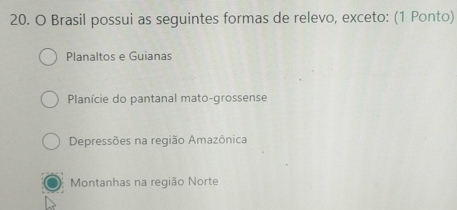 Brasil possui as seguintes formas de relevo, exceto: (1 Ponto)
Planaltos e Guianas
Planície do pantanal mato-grossense
Depressões na região Amazônica
Montanhas na região Norte