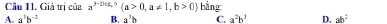 Câu I1. Giá trị của a^(b-2kt,b)(a>0, a!= 1, b>0) bằng
A. a^3b^(-2) B. a^5b C. a^2b^3 D. ab^2