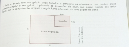 Em é artesã, tem um galpão onde trabalha a armazena os artesanatos que produz. Elena 
etende ampliar o seu galpão triplicando as dimensões do atual, que possui medida dos lados 
aela 4m de comprimento. A figura a seguir ilustra o formato do novo galpão da Elena 
x