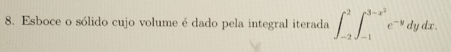 Esboce o sólido cujo volume é dado pela integral iterada ∈t _(-2)^2∈t _(-1)^(3-x^(2))e^(-y)dydx.