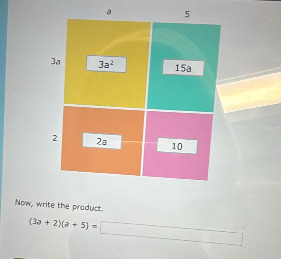 Now, write the product.
(3a+2)(a+5)=□