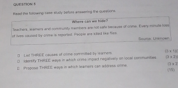 Read the following case study before answering the questions. 
[ List THREE causes of crime committed by learners (3×1)( 
D ldensify THREE ways in which crime impact negatively on local communities. 13* 2
3* 2
€ Propose THREE ways in which leamers can address crime. (15)