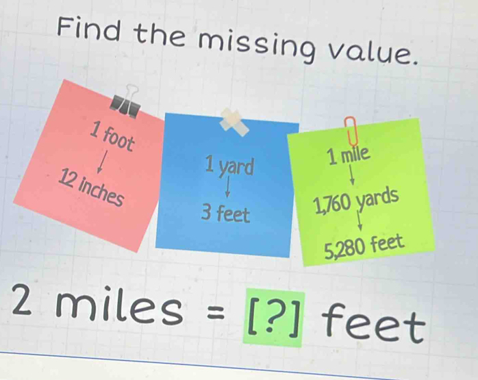 Find the missing value.
2 miles : = [?] feet