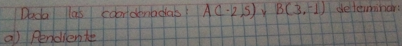 Dadal las coordenadas A(-1,5) y B(3,-1) determinar: 
a) Pendlente