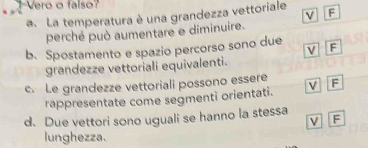 Vero o falso?
V
a. La temperatura è una grandezza vettoriale F
perché può aumentare e diminuire.
V
b. Spostamento e spazio percorso sono due F
grandezze vettoriali equivalenti.
c. Le grandezze vettoriali possono essere V F
rappresentate come segmenti orientati.
d. Due vettori sono uguali se hanno la stessa
V F
lunghezza.