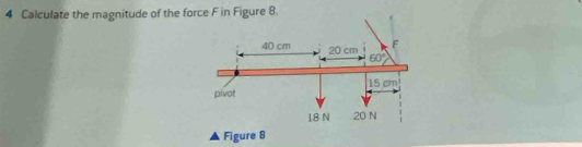 Calculate the magnitude of the force F in Figure 8.
Figure 8