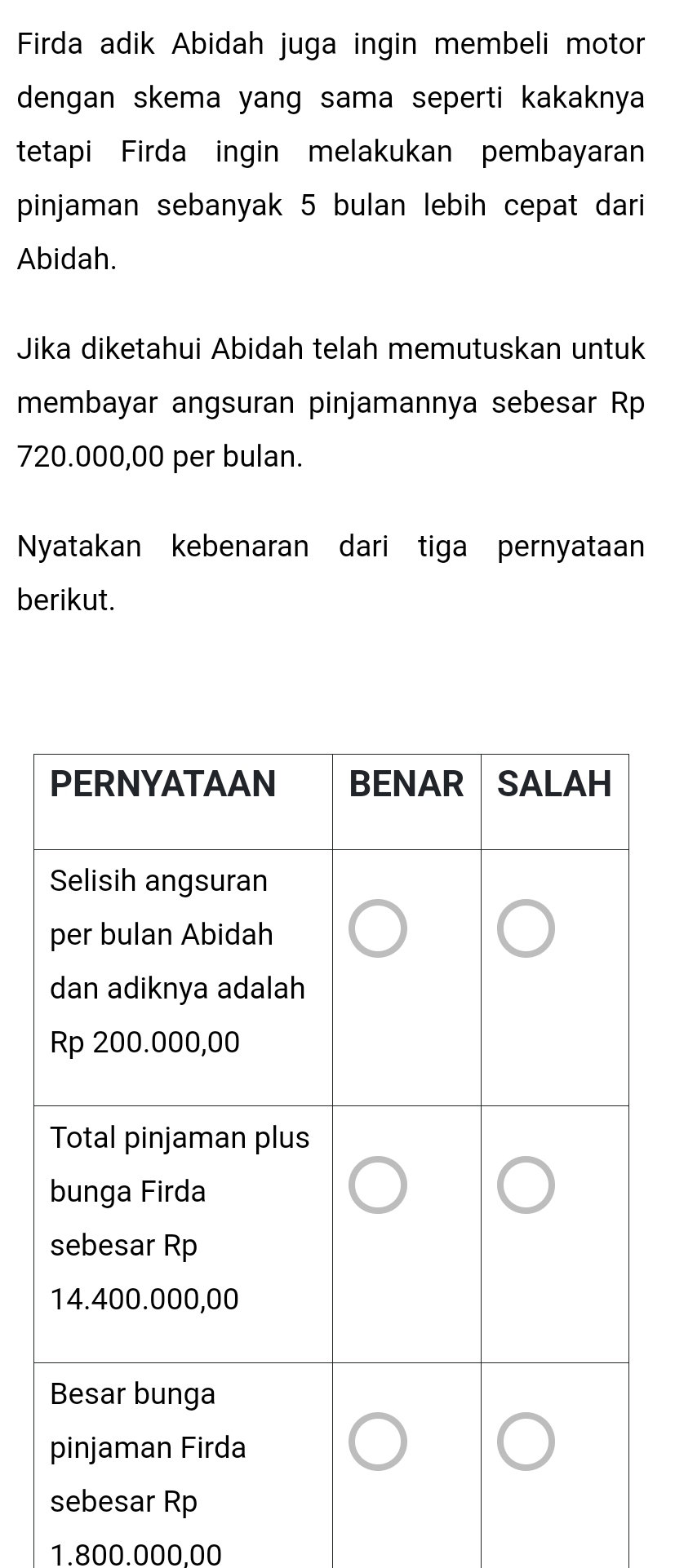 Firda adik Abidah juga ingin membeli motor
dengan skema yang sama seperti kakaknya
tetapi Firda ingin melakukan pembayaran
pinjaman sebanyak 5 bulan lebih cepat dari
Abidah.
Jika diketahui Abidah telah memutuskan untuk
membayar angsuran pinjamannya sebesar Rp
720.000,00 per bulan.
Nyatakan kebenaran dari tiga pernyataan
berikut.
1.800.000.00