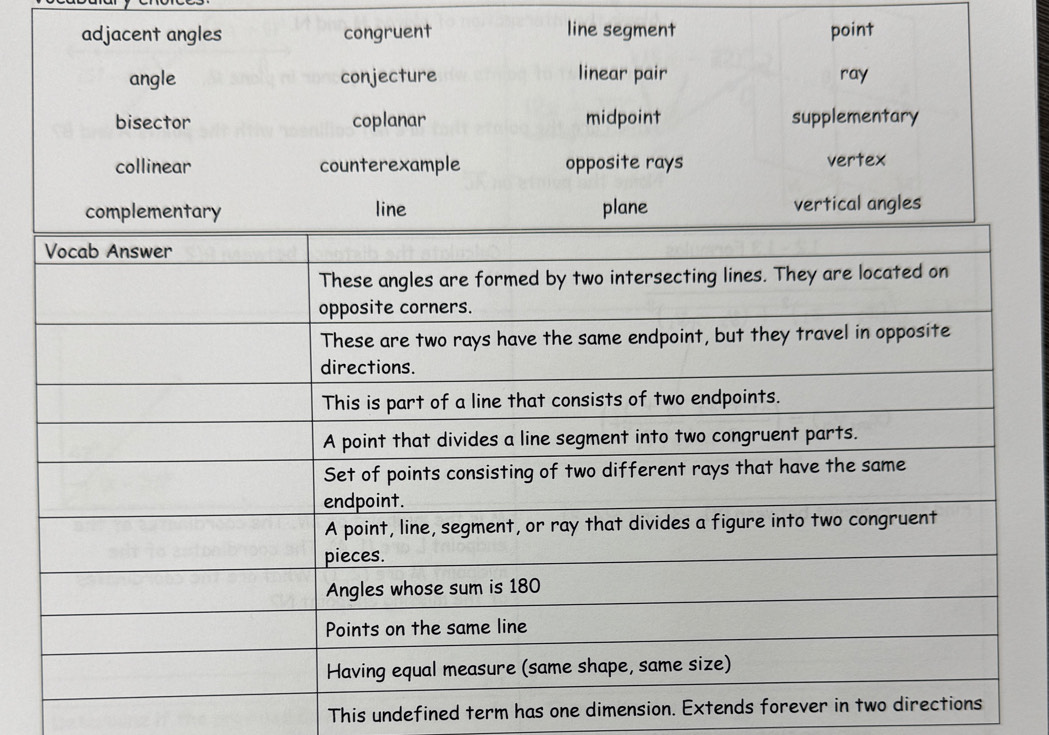 adjacent angles congruent line segment point
This undefined term has one dimension. Extends forever in two directions