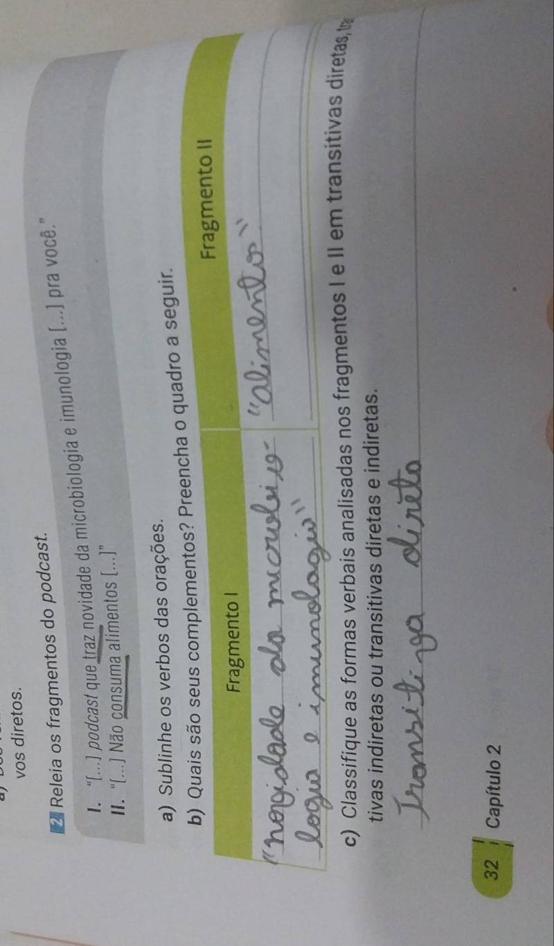 vos diretos. 
Releia os fragmentos do podcast. 
“(...] podcast que traz novidade da microbiologia e imunologia (...) pra você. 
I. “(...) Não consuma alimentos (...)' 
a) Sublinhe os verbos das orações. 
a seguir. 
c) Classifique as formas verbais analisadas nos fragmentos I e II em transitvas diretas,t 
tivas indiretas ou transitivas diretas e indiretas. 
_ 
32 Capítulo 2