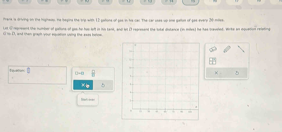 12 13 15 16 
Frank is driving on the highway. He begins the trip with 12 gallons of gas in his car. The car uses up one gallon of gas every 20 miles. 
Let G represent the number of gallons of gas he has left in his tank, and let D represent the total distance (in miles) he has traveled. Write an equation relating
G to D, and then graph your equation using the axes below. 
Equation:
□ -□  □ /□  
Start over