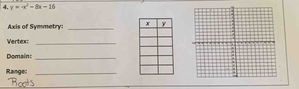 y=-x^2-8x-16
Axis of Symmetry:_ 
Vertex:_ 
Domain:_ 
Range:_