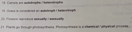 Camels are autotrophs / heterotrophs. 
19. Grass is considered an autotroph / heterotroph. 
20. Flowers reproduce sexually / asexually 
21. Plants go through photosynthesis. Photosynthesis is a chemical / physical process.