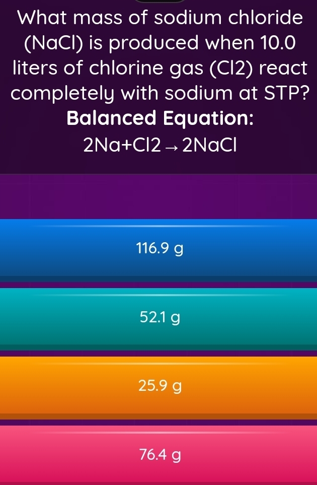 What mass of sodium chloride
(NaCl) is produced when 10.0
liters of chlorine gas (Cl2) react
completely with sodium at STP?
Balanced Equation:
2Na+Cl2 → 2NaCl
116.9 g
52.1 g
25.9 g
76.4 g