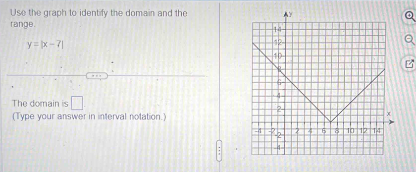 Use the graph to identify the domain and the 
range.
y=|x-7|
The domain is □ . 
(Type your answer in interval notation.)