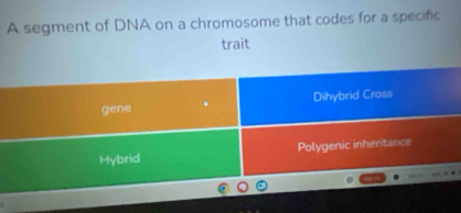 A segment of DNA on a chromosome that codes for a specific
trait
gene Dihybrid Cross
Hybrid Polygenic inheritance