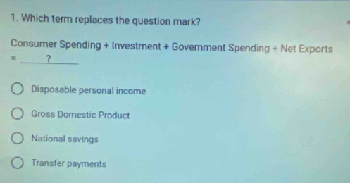 Which term replaces the question mark?
Consumer Spending + Investment + Government Spending + Net Exports
=_  ?
Disposable personal income
Gross Domestic Product
National savings
Transfer payments