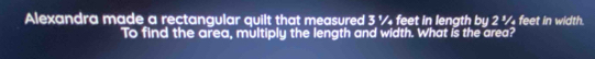 Alexandra made a rectangular quilt that measured 3 ' feet in length by 2 % feet in width. 
To find the area, multiply the length and width. What is the area?