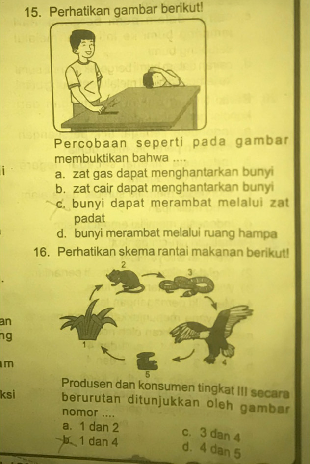 Perhatikan gambar berikut!
Percobaan seperti pada gambar
membuktikan bahwa ....
a. zat gas dapat menghantarkan bunyi
b. zat cair dapat menghantarkan bunyi
c. bunyi dapat merambat melalui zat
padat
d. bunyi merambat melalui ruang hampa
16. Perhatikan skema rantai makanan berikut!
an
hg
m
Produsen dan konsumen tingkat III secara
ksi berurutan ditunjukkan oleh gambar
nomor ....
a. 1 dan 2
c. 3 dan 4
b 1 dan 4
d. 4 dan 5