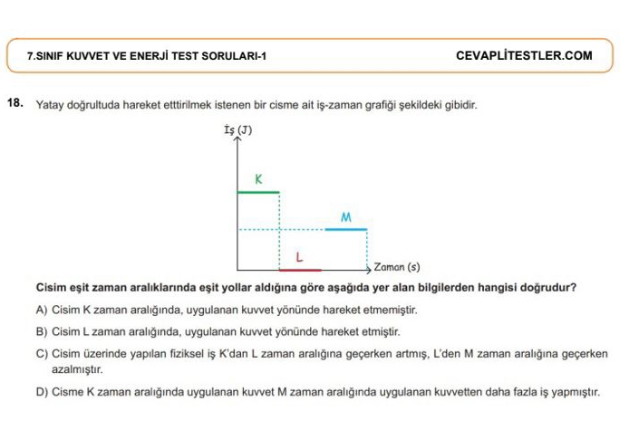 SINIF KUVVET VE ENERJİ TEST SORULARI-1 CEVAPLITESTLER.COM
18. Yatay doğrultuda hareket etttirilmek istenen bir cisme ait iş-zaman grafiği şekildeki gibidir.
İş (J)
K
M
L Zaman (s)
Cisim eşit zaman aralıklarında eşit yollar aldığına göre aşağıda yer alan bilgilerden hangisi doğrudur?
A) Cisim K zaman aralığında, uygulanan kuvvet yönünde hareket etmemiştir.
B) Cisim L zaman aralığında, uygulanan kuvvet yönünde hareket etmiştir.
C) Cisim üzerinde yapılan fiziksel iş K'dan L zaman aralığına geçerken artmış, L'den M zaman aralığına geçerken
azalmıştır.
D) Cisme K zaman aralığında uygulanan kuvvet M zaman aralığında uygulanan kuvvetten daha fazla iş yapmıştır.