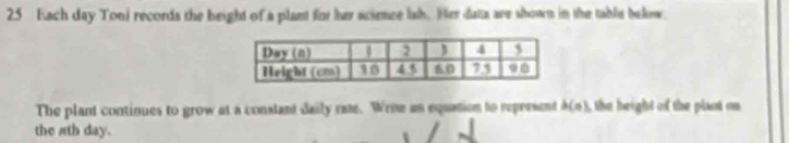 Each day Toni records the height of a plant for her science las. Her data are shown in the table below. 
The plant continues to grow at a constant daily rate. Wrine as equation to reprssent b(a) he height of the plant on 
the ath day.