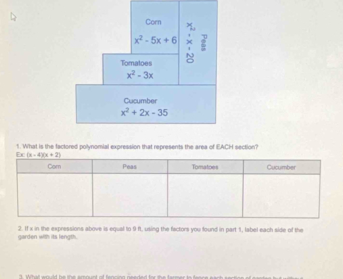 What is the factored polynomial expression that represents the area of EACH section?
2. If x in the expressions above is equal to 9 ft, using the factors you found in part 1, label each side of the
garden with its length.
3. What would be the amount of fencing needed for the farmer to fence each section of pard  n t