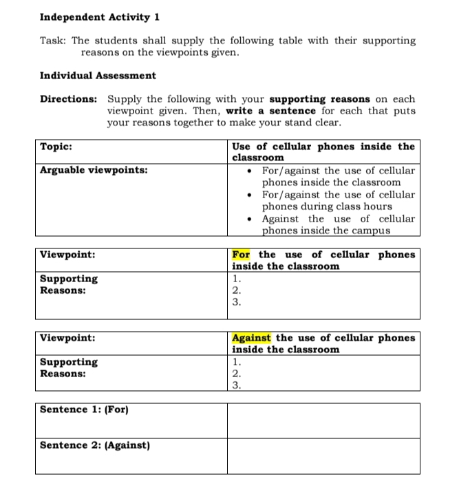 Independent Activity 1 
Task: The students shall supply the following table with their supporting 
reasons on the viewpoints given. 
Individual Assessment 
Directions: Supply the following with your supporting reasons on each 
viewpoint given. Then, write a sentence for each that puts 
your reasons together to make your stand clear.