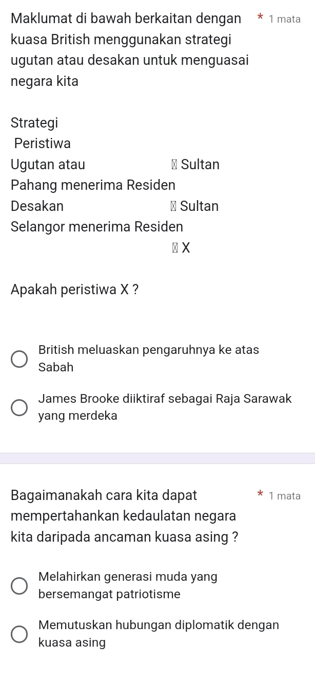 Maklumat di bawah berkaitan dengan * 1 mata
kuasa British menggunakan strategi
ugutan atau desakan untuk menguasai
negara kita
Strategi
Peristiwa
Ugutan atau # Sultan
Pahang menerima Residen
Desakan Sultan
Selangor menerima Residen
X
Apakah peristiwa X ?
British meluaskan pengaruhnya ke atas
Sabah
James Brooke diiktiraf sebagai Raja Sarawak
yang merdeka
Bagaimanakah cara kita dapat 1 mata
mempertahankan kedaulatan negara
kita daripada ancaman kuasa asing ?
Melahirkan generasi muda yang
bersemangat patriotisme
Memutuskan hubungan diplomatik dengan
kuasa asing