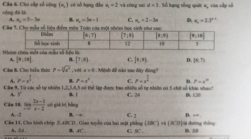 Cho cấp số cộng (u_n) có số hạng đầu u_1=2 và công sai d=3. Số hạng tổng quát u_n của cấp số
cộng đó là:
A. u_n=5-3n B. u_n=3n-1 C. u_n=2-3n D. u_n=2.3^(n-1)
Câu 7. Cho mẫu số liệu điểm môn Toán củ
Nh
A. [9;10]. B. [7;8). C. [8;9). D. [6;7).
Câu 8. Cho biểu thức P=sqrt[5](x^4) , với x>0. Mệnh đề nào sau đây đúng?
A. P=x^(frac 4)5. P=x^(frac 5)4.
B. P=x^9. C. D. P=x^(20).
Câu 9. Từ các số tự nhiên 1,2,3,4,5 có thể lập được bao nhiêu số tự nhiên có 5 chữ số khác nhau?
A. 5^5 B. 1 C. 24 D. 120
Câu 10. limlimits _xto 2^- (2x-1)/x-2  có giá trị bằng
A. -2 B. -∞ . C. 2 D. +∞ .
Câu 11. Cho hình chóp S.ABCD . Giao tuyến của hai mặt phẳng (SBC) và (SCD)là đường thắng
A. SA . B. AC . C. SC . D. SB .