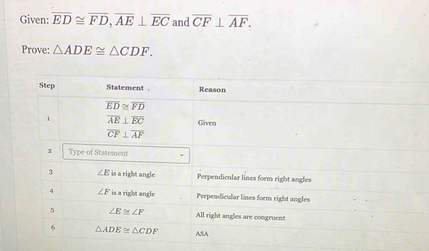 Given: overline ED≌ overline FD,overline AE⊥ overline EC and overline CF⊥ overline AF.
Prove: △ ADE≌ △ CDF.