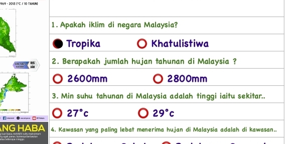 969 - 2015 ("C / 10 TAUN)
1. Apakah iklim di negara Malaysia?
Tropika Khatulistiwa
D $ 2. Berapakah jumlah hujan tahunan di Malaysia ?
iãm
2600mm 2800mm
3. Min suhu tahunan di Malaysia adalah tinggi iaitu sekitar..
. ,
27°c
29°c
NG HABA 4. Kawasan yang paling lebat menerima hujan di Malaysia adalah di kawasan..
I #pal, parore, bucirenya berbautan luar tiasa, reclobini-subu realsireure Seciça minggu