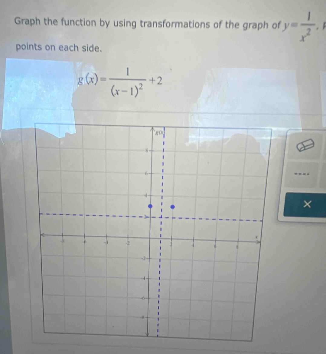 Graph the function by using transformations of the graph of y= 1/x^2  F
points on each side.
g(x)=frac 1(x-1)^2+2
×