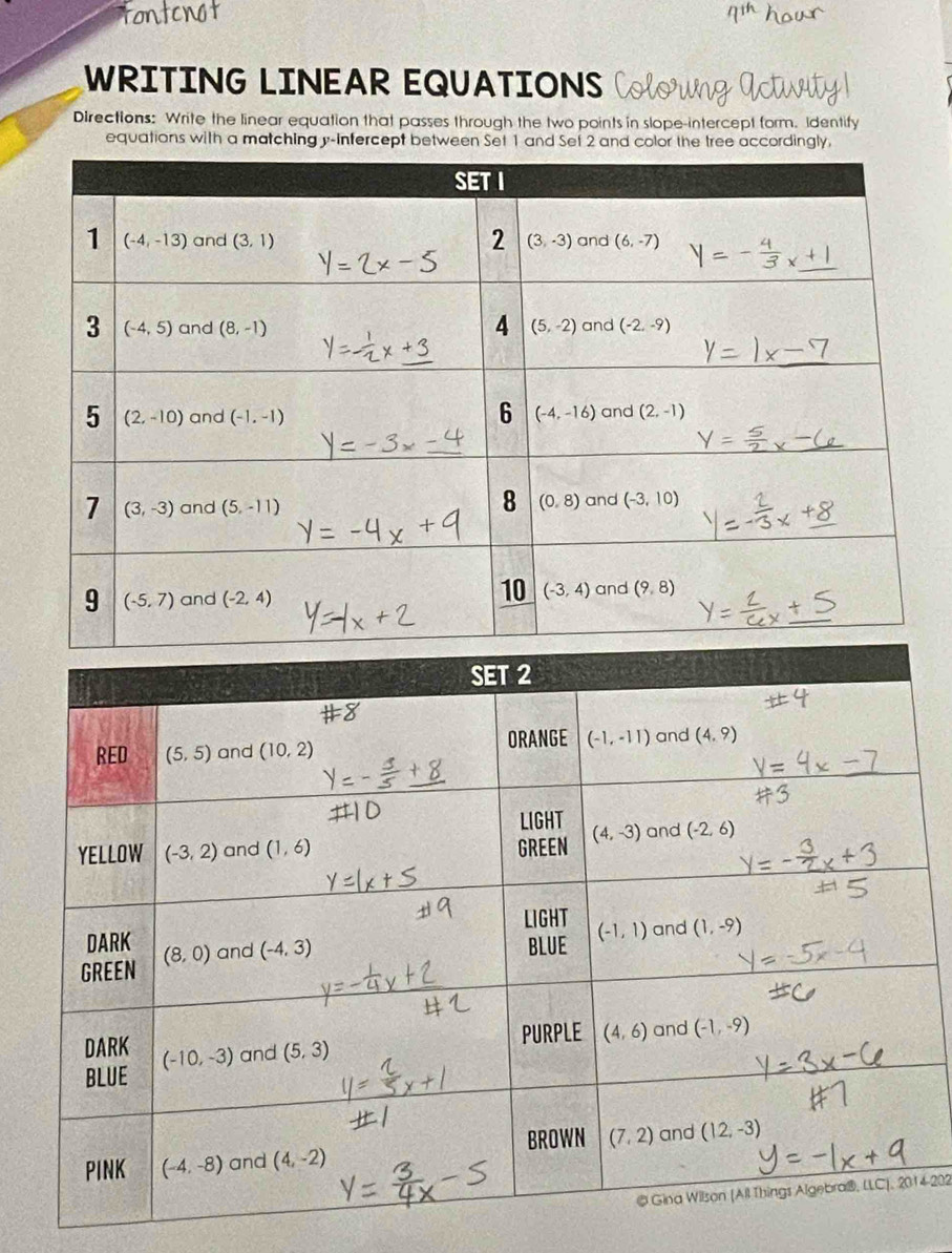 WRITING LINEAR EQUATIONS oo
Directions: Write the linear equation that passes through the two points in slope-intercept form. Identify
equations with a matching y-Infercept between Set 1 and Set 2 and color the tree accordingly.
4-202