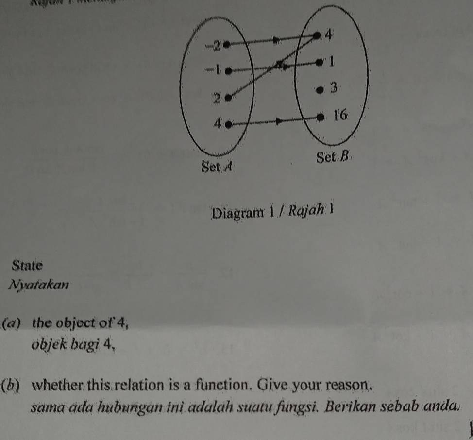 Diagram 1 / Rajah 
State 
Nyatakan 
(a) the object of 4, 
objek bagi 4, 
(b) whether this relation is a function. Give your reason. 
sama ada hubungan ini adalah suatu fungsi. Berikan sebab anda