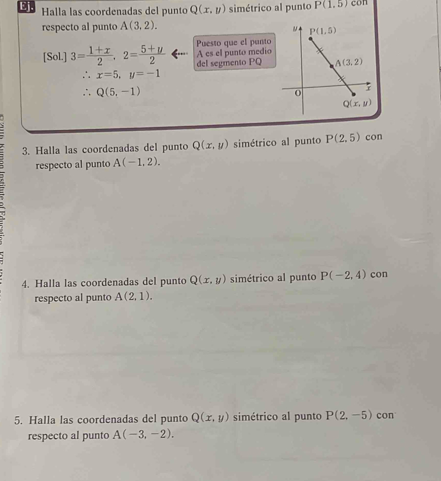 Ej. Halla las coordenadas del punto Q(x,y) simétrico al punto P(1,5) con
respecto al punto A(3,2).
[Sol.] 3= (1+x)/2 ,2= (5+y)/2  Puesto que el punto
A es el punto medio
del segmento PQ
∴ x=5,y=-1
∴ Q(5,-1)
3. Halla las coordenadas del punto Q(x,y) simétrico al punto P(2,5) con
-
respecto al punto A(-1,2).
4. Halla las coordenadas del punto Q(x,y) simétrico al punto P(-2,4) con
respecto al punto A(2,1).
5. Halla las coordenadas del punto Q(x,y) simétrico al punto P(2,-5) con
respecto al punto A(-3,-2).