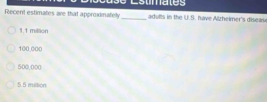 se Lstimates
Recent estimates are that approximately _adults in the U.S. have Alzheimer's diseas
1.1 million
100,000
500,000
5.5 million