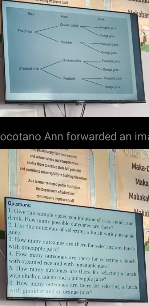 cously improves itself 
abar 
ocotano Ann forwarded an im 
who passionately love their country 
GORE VA 
and whose values and competencies 
enable them to realize their full potential 
Maka-D 
and contribute meaningfully to building the nation. 
Maka 
As a learner-centered public institution, 
the Department of Education 
continuously improves itself 
Makakal 
Questions: 
Makal 
1. Give the sample space combination of rice, viand, and 
drink. How many possible outcomes are there? 
2. List the outcomes of selecting a lunch with pineapple 
juice. 
3. How many outcomes are there for selecting any lunch 
with pineapple juice? 
4. How many outcomes are there for selecting a lunch 
with steamed rice and with pineapple juice? 
5. How many outcomes are there for selecting a lunch 
with chicken adobo and a pineapple juice? 
6. How many outcomes are there for selecting a lunch 
with pinakbet and an orange juice?