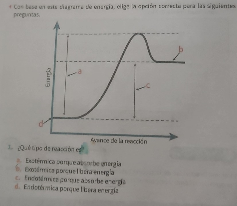 Con base en este diagrama de energía, elige la opción correcta para las siguientes
preguntas.
¿Qué tipo de reacción es?. Exotérmica porque absorbe energía. Exotérmica porque libera energía
c. Endotérmica porque absorbe energía
de Endotérmica porque libera energía