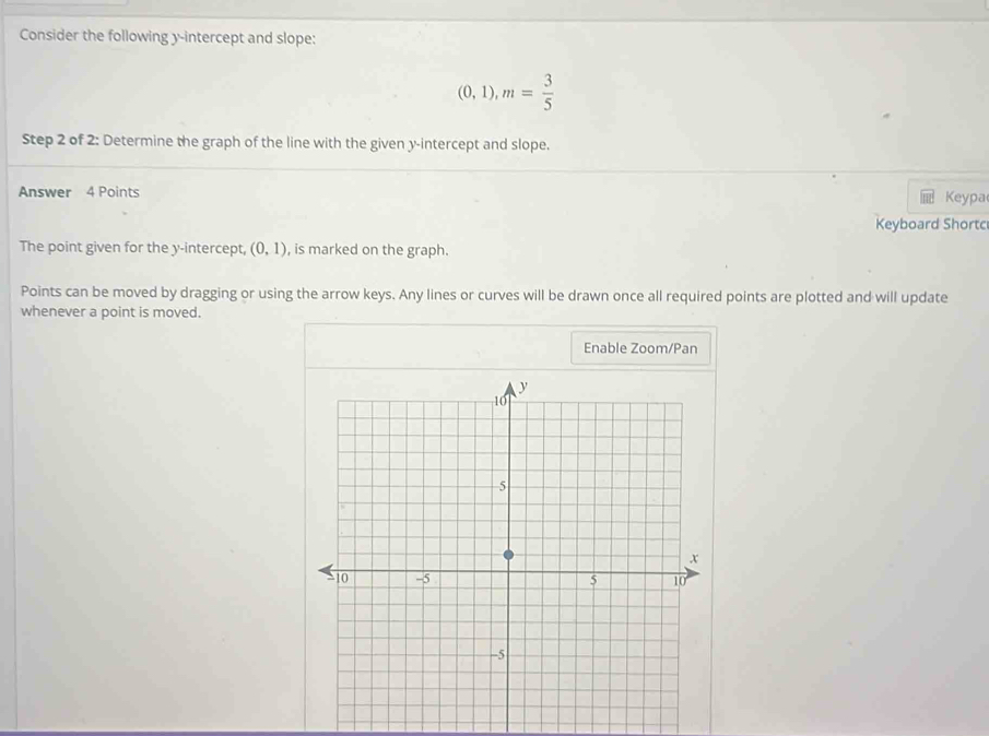 Consider the following y-intercept and slope:
(0,1), m= 3/5 
Step 2 of 2: Determine the graph of the line with the given y-intercept and slope. 
Answer 4 Points Keypa 
Keyboard Shortc 
The point given for the y-intercept, (0,1) , is marked on the graph. 
Points can be moved by dragging or using the arrow keys. Any lines or curves will be drawn once all required points are plotted and will update 
whenever a point is moved. 
Enable Zoom/Pan