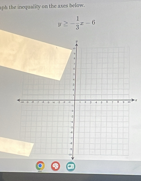 aph the inequality on the axes below.
y≥ - 1/3 x-6
x