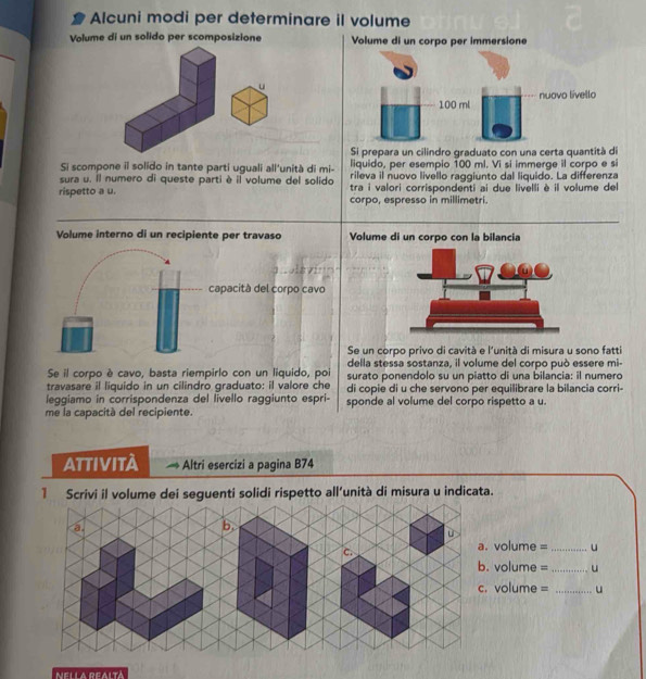 Alcuni modi per determinare il volume 
Volume di un solido per scomposizione Volume di un corpo per immersione 
u 
Si prepara un cilindro graduato con una certa quantità di 
liquido, per esempio 100 ml. Vì si immerge il corpo e si 
Si scompone il solido in tante parti uguali all'unità di mi- rileva il nuovo livello raggiunto dal liquido. La differenza 
sura u. Il numero di queste parti è il volume del solido tra i valori corrispondenti ai due livelli è il volume del 
rispetto a u. corpo, espresso in millimetri. 
Volume interno di un recipiente per travaso Volume di un corpo con la bilancia 
capacità del corpo cavo 
Se un corpo privo di cavità e l'unità di misura u sono fatti 
della stessa sostanza, il volume del corpo può essere mi- 
Se il corpo è cavo, basta riempirlo con un liquido, poi surato ponendolo su un piatto di una bilancia: il numero 
travasare il liquido in un cilindro graduato: il valore che di copie di u che servono per equilibrare la bilancia corri- 
leggiamo in corrispondenza del livello raggiunto espri- sponde al volume del corpo rispetto a u. 
me la capacità del recipiente. 
ATTIVITÀ Altri esercizi a pagina B74 
1 Scrivi il volume dei seguenti solidi rispetto all’unità di misura u indicata. 
a. 
b 

c. 
a. volume =_  u
b. volume = _ u
c. volume = _ u
NELLA REALTA