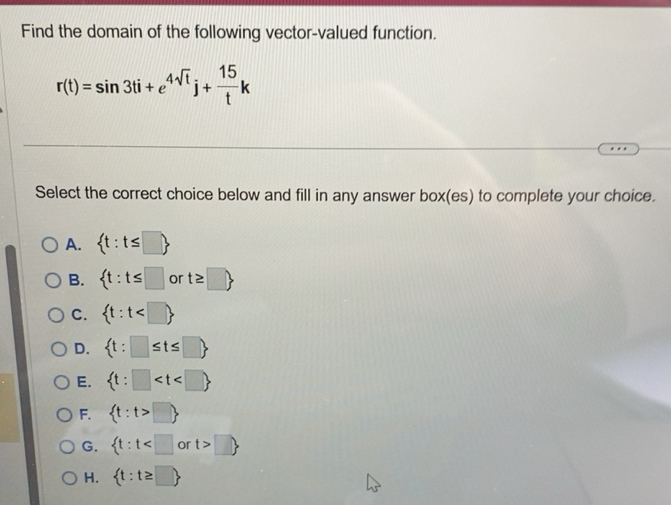 Solved: Find the domain of the following vector-valued function. r(t ...
