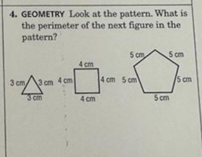 GEOMETRY Look at the pattern. What is 
the perimeter of the next figure in the 
pattern?