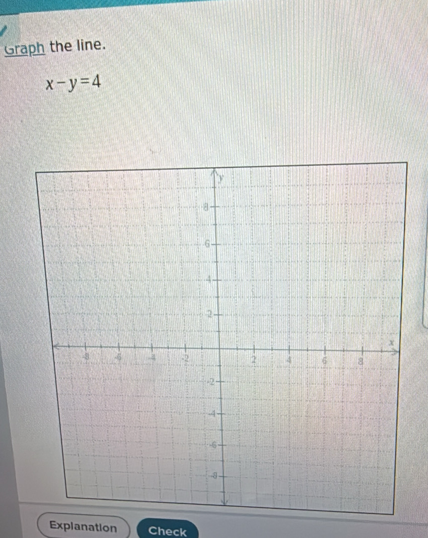 Graph the line.
x-y=4
Explanation Check