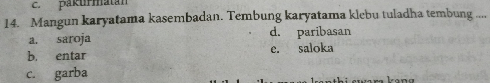 c. pakurmatan
14. Mangun karyatama kasembadan. Tembung karyatama klebu tuladha tembung ....
a. saroja
d. paribasan
b. entar e. saloka
c. garba