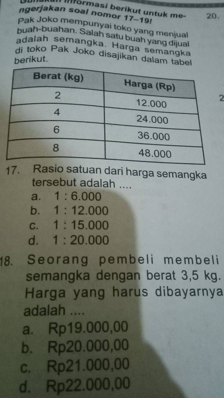 ne ne n mformasi berikut untuk me. 20.
ngerjakan soal nomor 17-19!
Pak Joko mempunyai toko yang menjual
buah-buahan. Salah satu buah yang dijual
adalah semangka. Harga semangka
di toko Pak Joko disajikan dalam ta
berikut.
2
1an dari harga semangka
tersebut adalah ....
a. 1:6.000
b. 1:12.000
C. 1:15.000
d. 1:20.000
18. Seorang pembeli membeli
semangka dengan berat 3,5 kg.
Harga yang harus dibayarnya
adalah ....
a. Rp19.000,00
b. Rp20.000,00
c. Rp21.000,00
d. Rp22.000,00